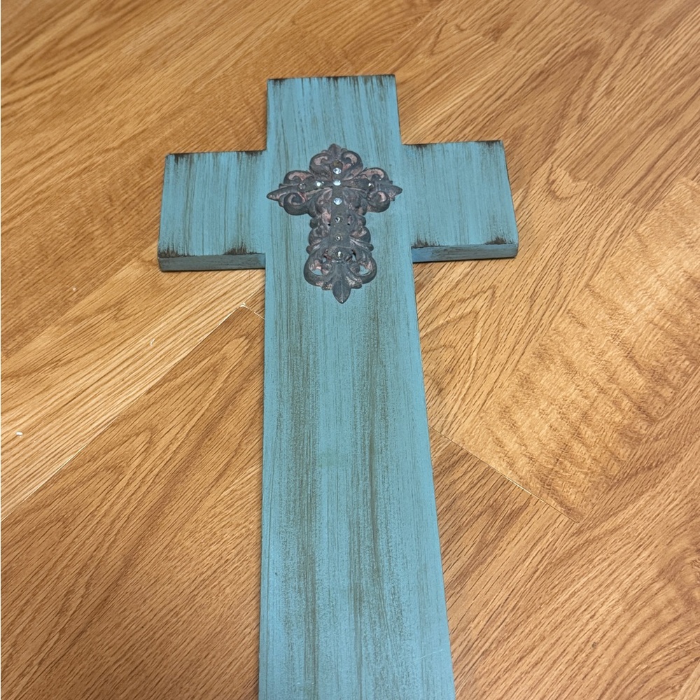Teal Wooden Cross with Decorative Metal Accent